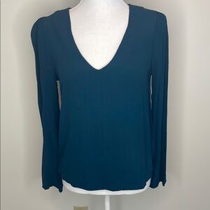 G F Brand Dark Teal Rayon V-Neck Long Sleeve Sheath Top. Small